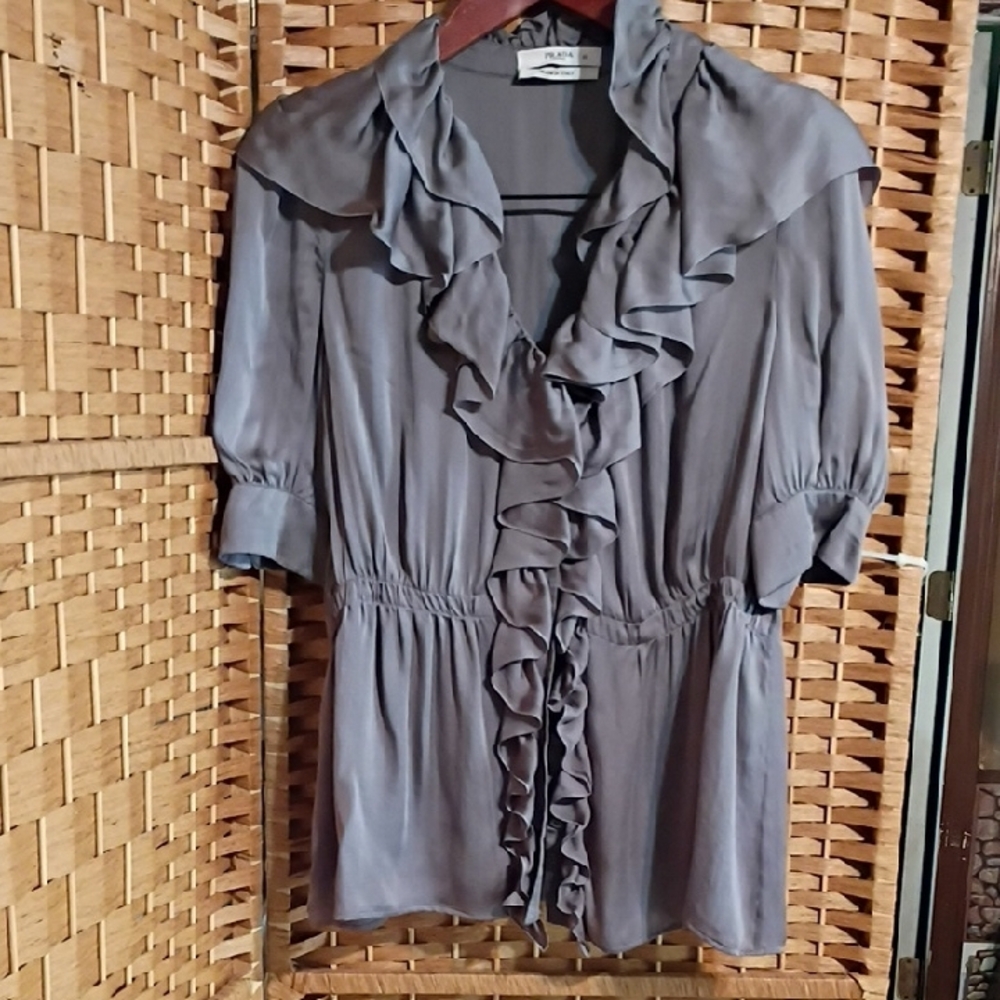 Prada Taupe Ruffle-Front Short Sleeve Blouse - Picture 12 of 12
